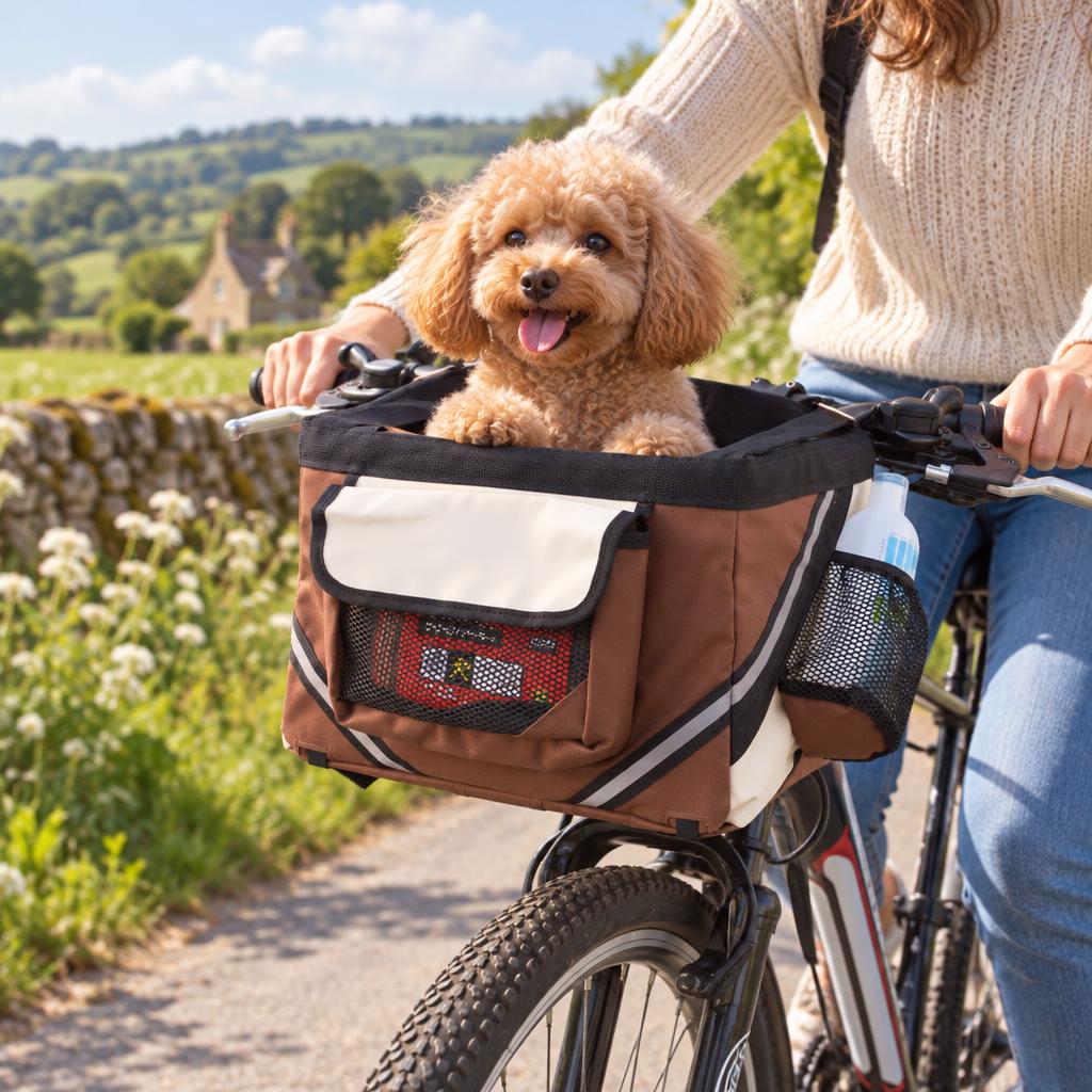 Pet Bicycle Basket Carrier, Coffee – in use