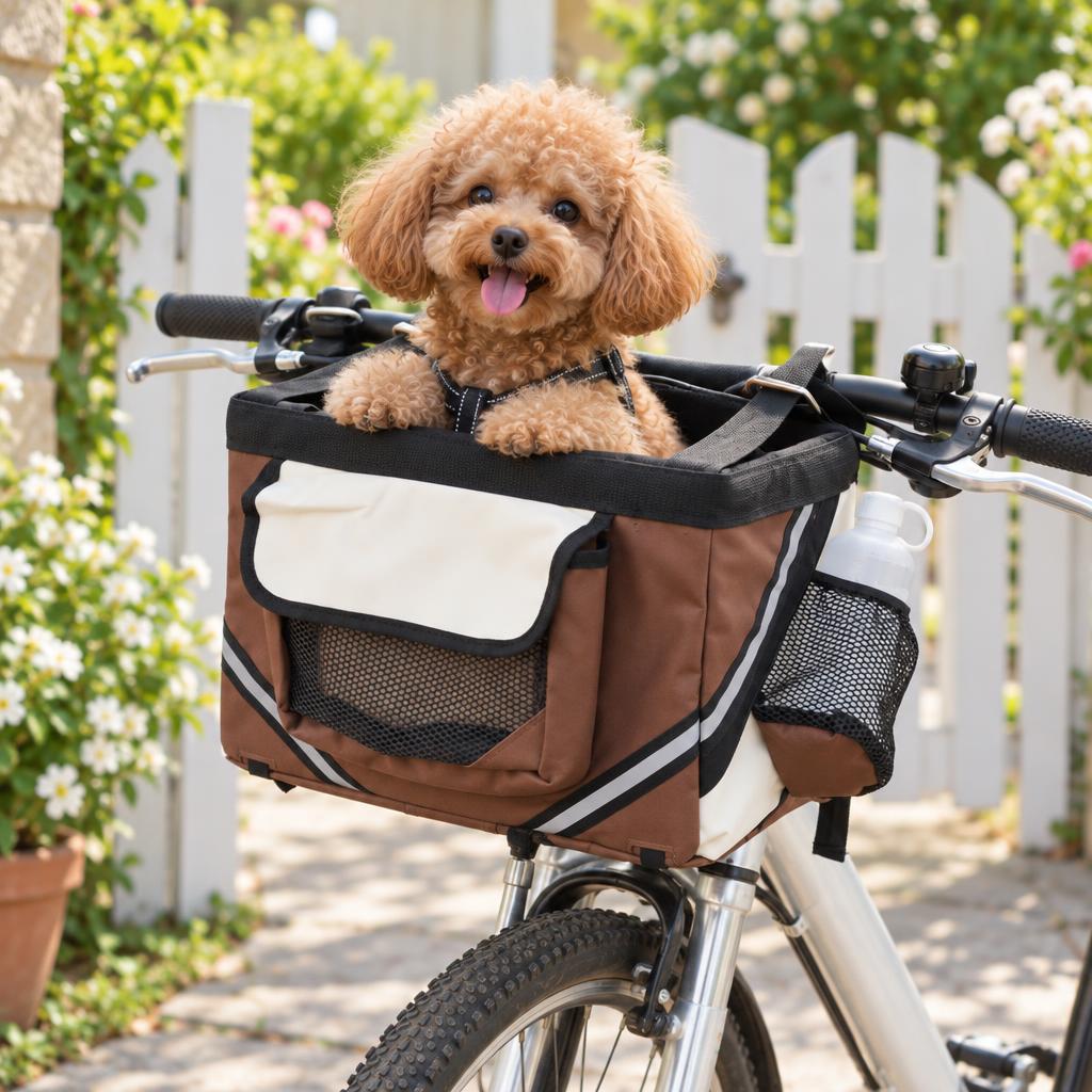Pet Bicycle Basket Carrier, Coffee – in use
