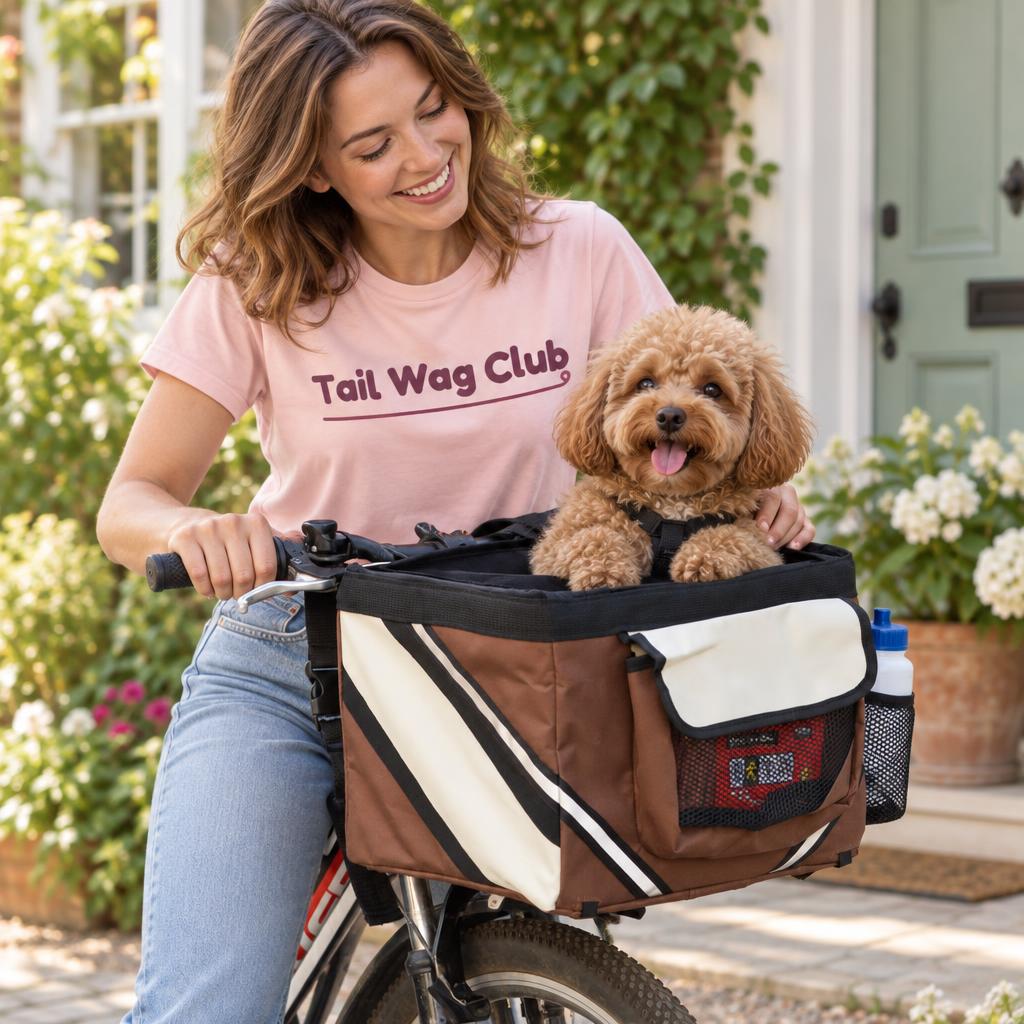 Pet Bicycle Basket Carrier, Coffee – with Tail Wag Club
