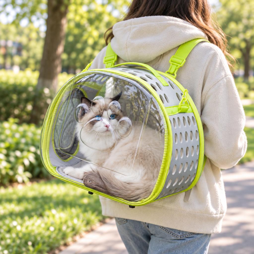 Cat Bubble Backpack Carrier, Grass Green – in use