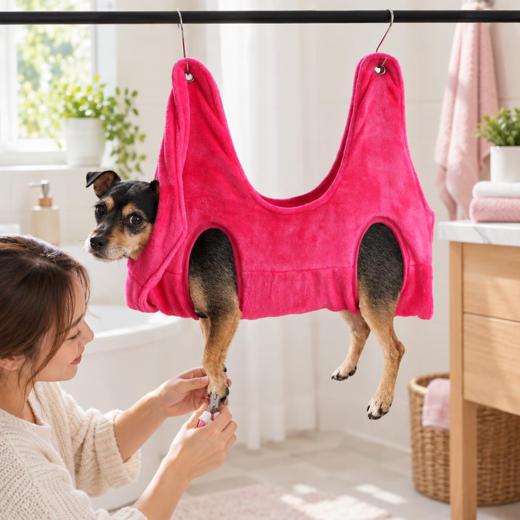 Pet Grooming Hammock, Pink (Large) – in use