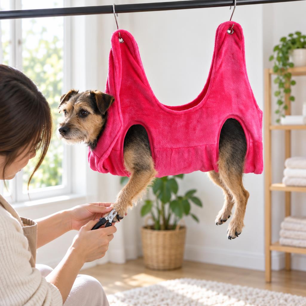 Pet Grooming Hammock, Pink (Large) – in use