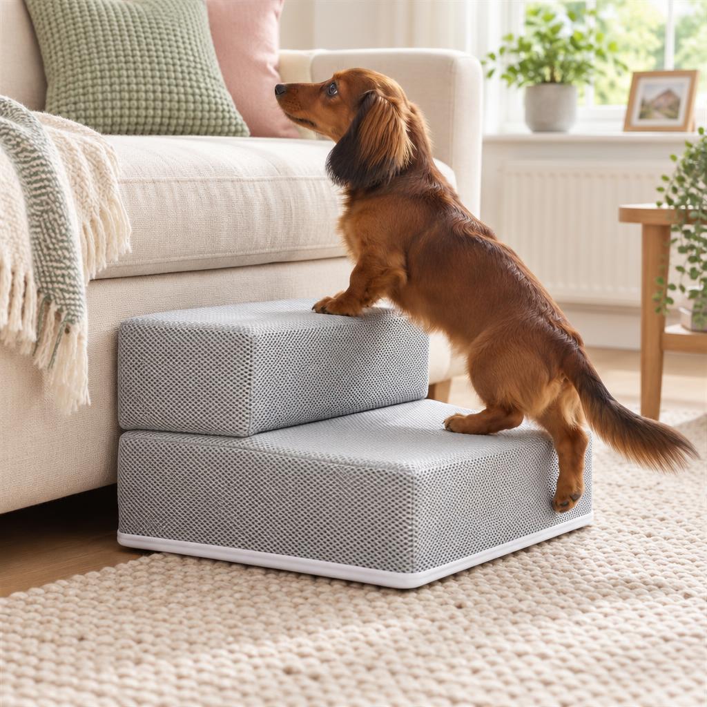 2-Step Pet Stairs, 20cm, Grey – in use
