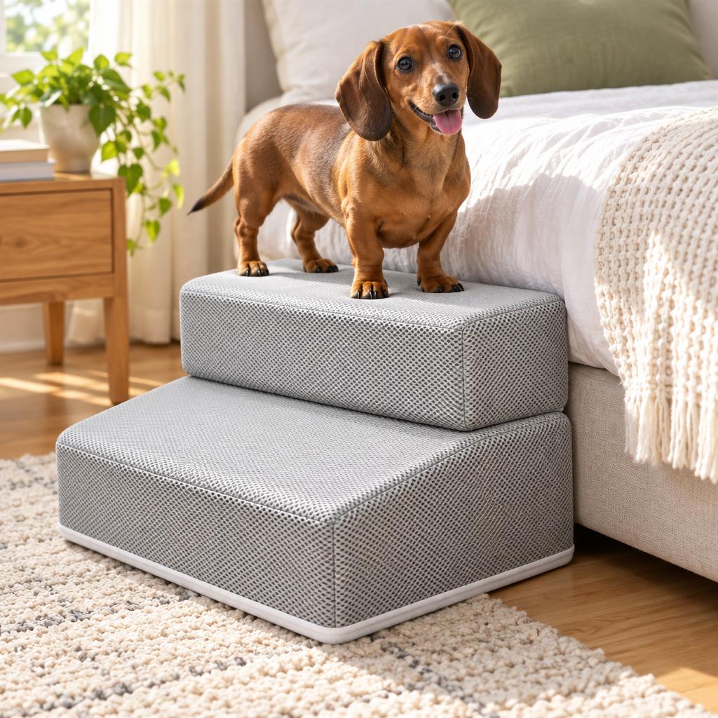 2-Step Pet Stairs, 20cm, Grey – in use