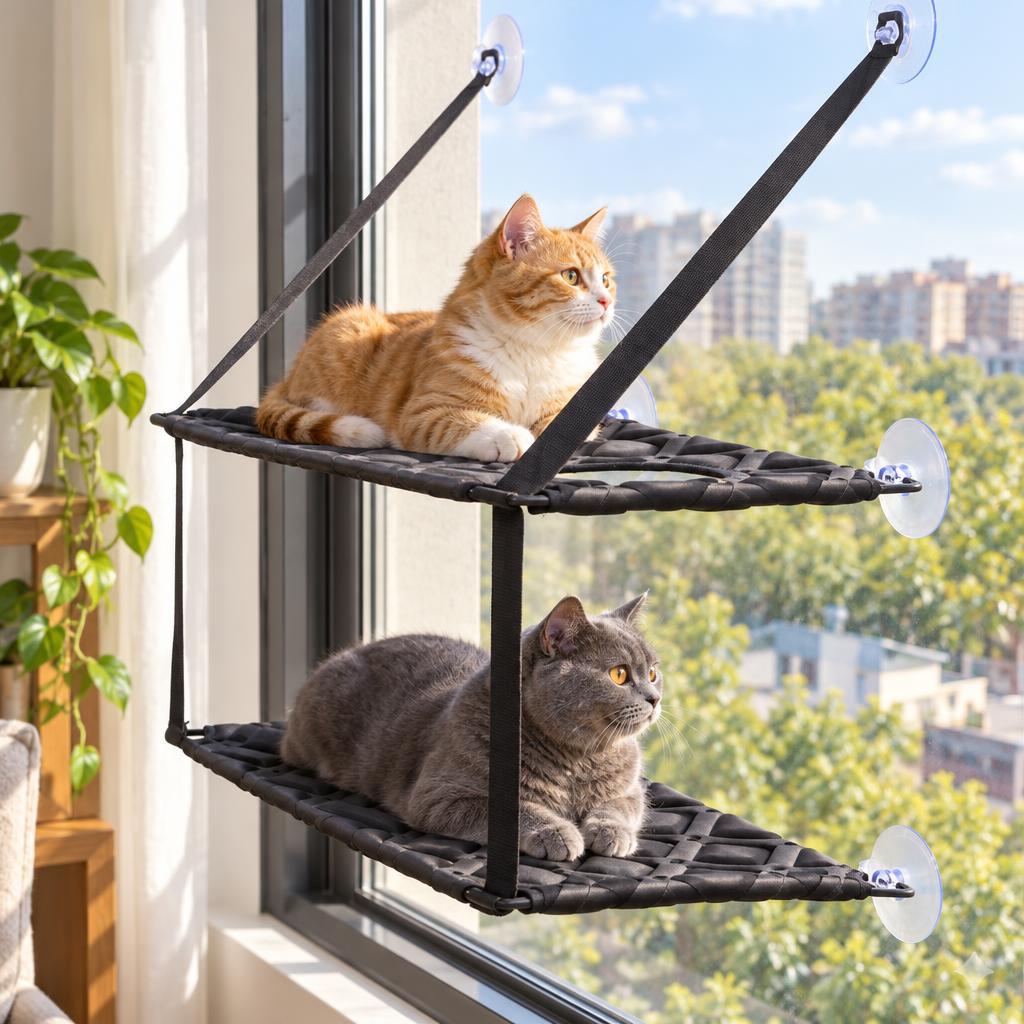 Double Cat Window Hammock Perch, Black – in use