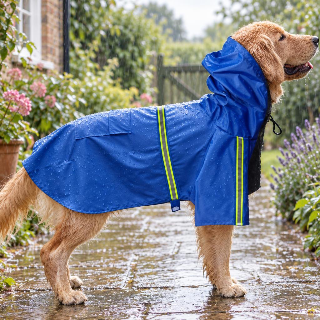 Reflective Water-Resistant Dog Raincoat, Blue (5XL) – in use
