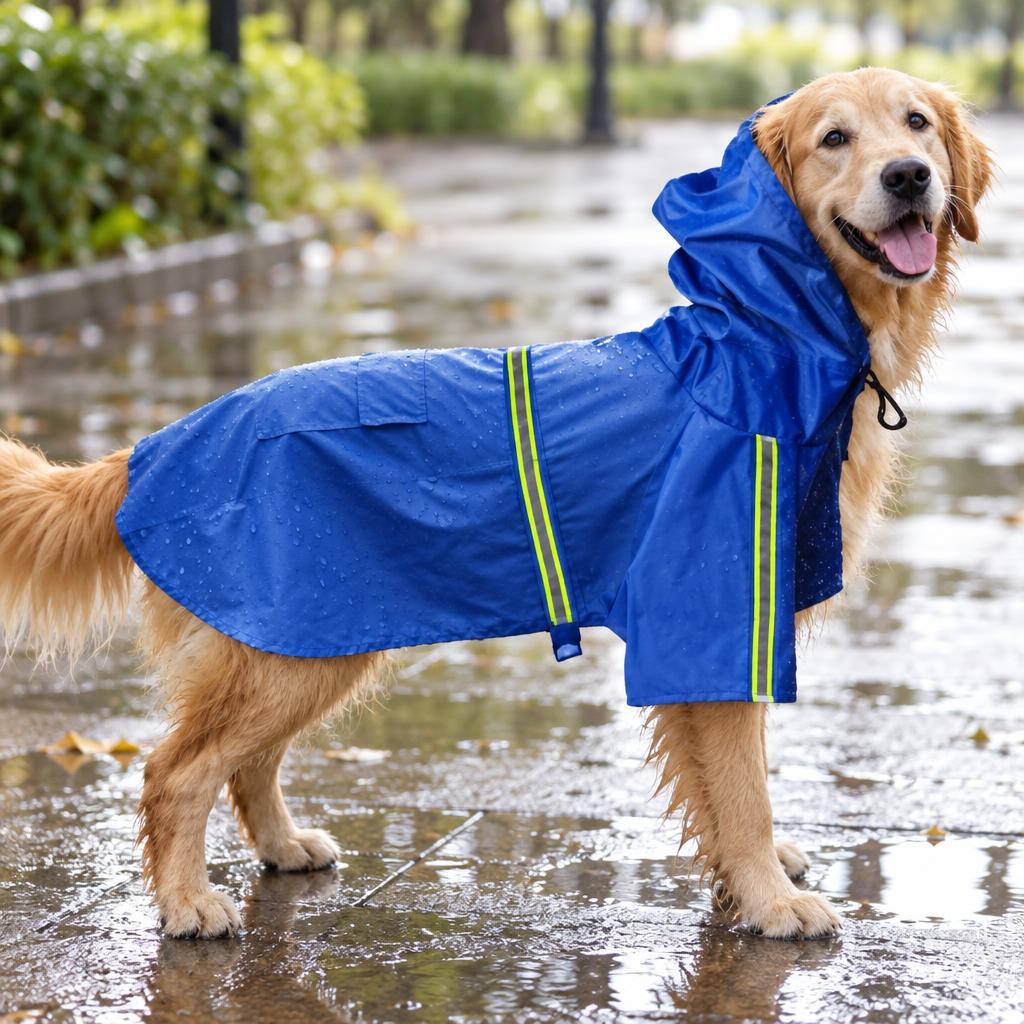 Reflective Water-Resistant Dog Raincoat, Blue (5XL) – in use