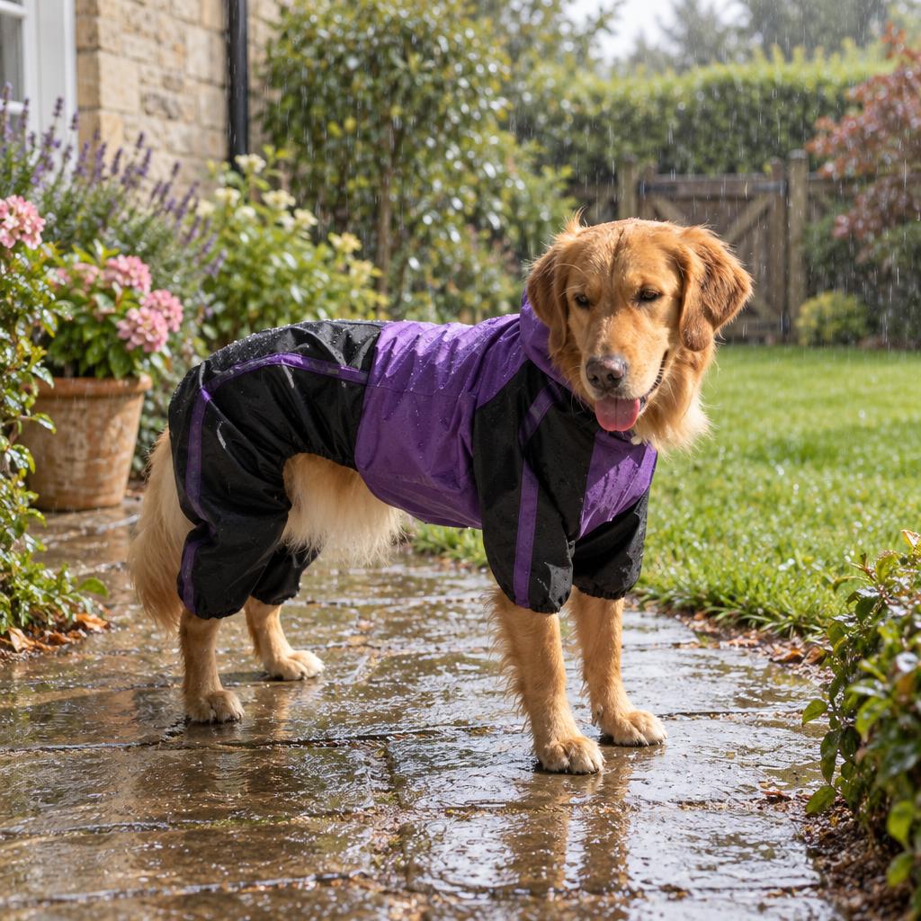 Hooded Full-Body Dog Raincoat, Purple (XL) – in use