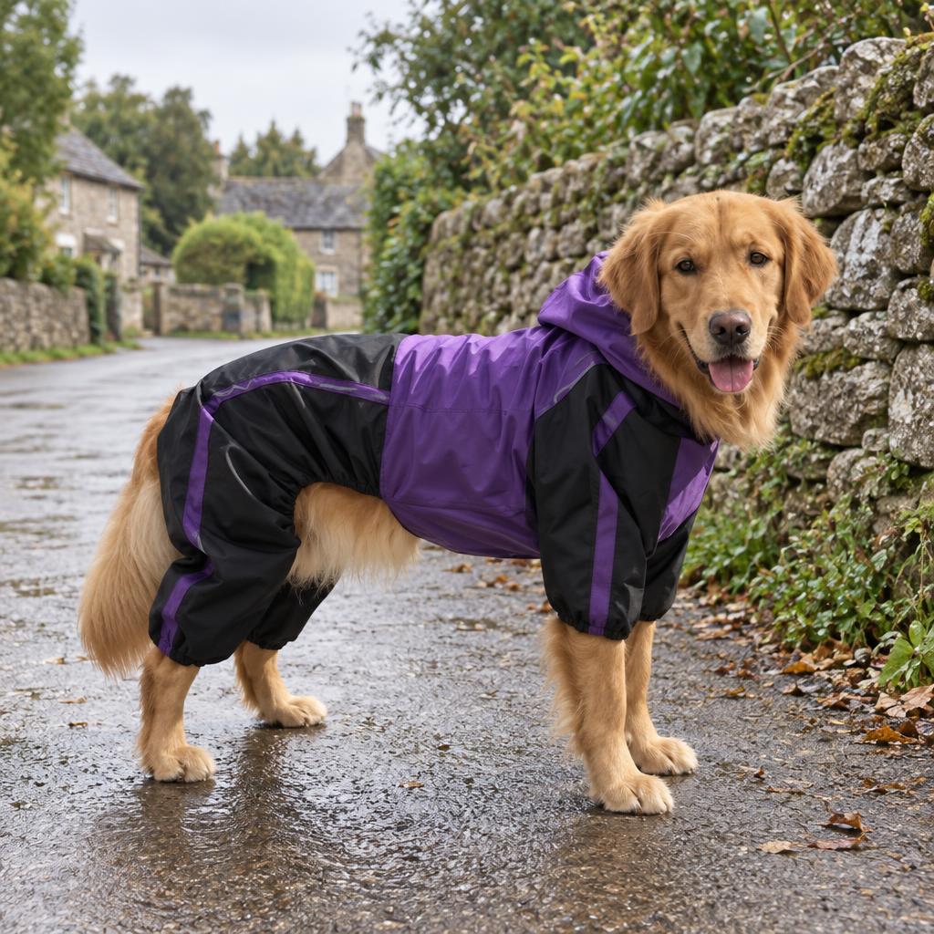 Hooded Full-Body Dog Raincoat, Purple (XL) – in use