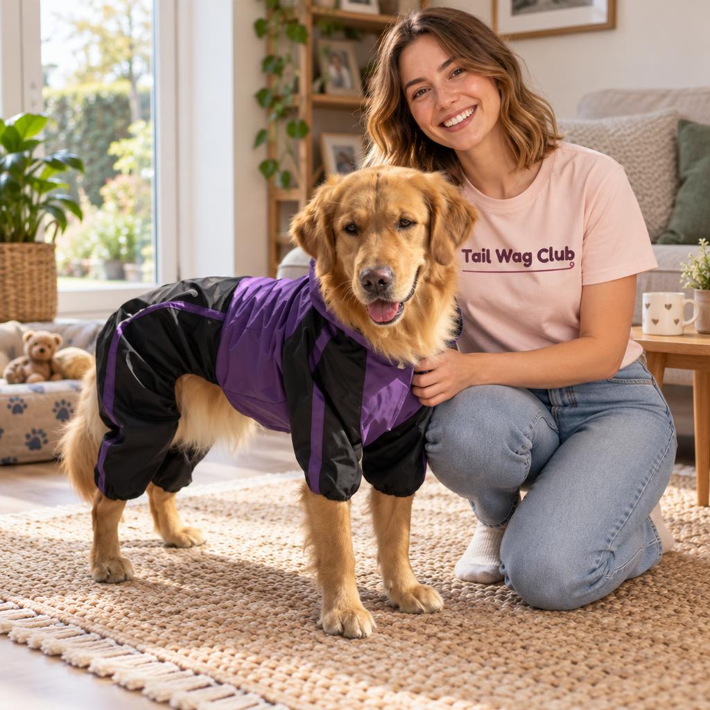 Hooded Full-Body Dog Raincoat, Purple (XL) – with Tail Wag Club