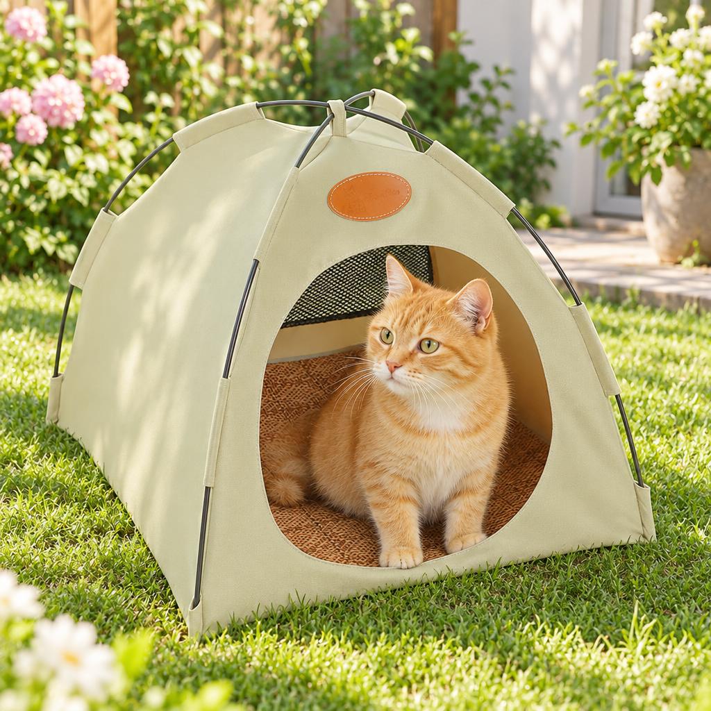 Foldable Cat Canvas Tent, Beige (Large) – in use