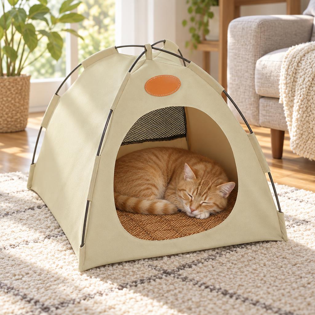 Foldable Cat Canvas Tent, Beige (Large) – in use