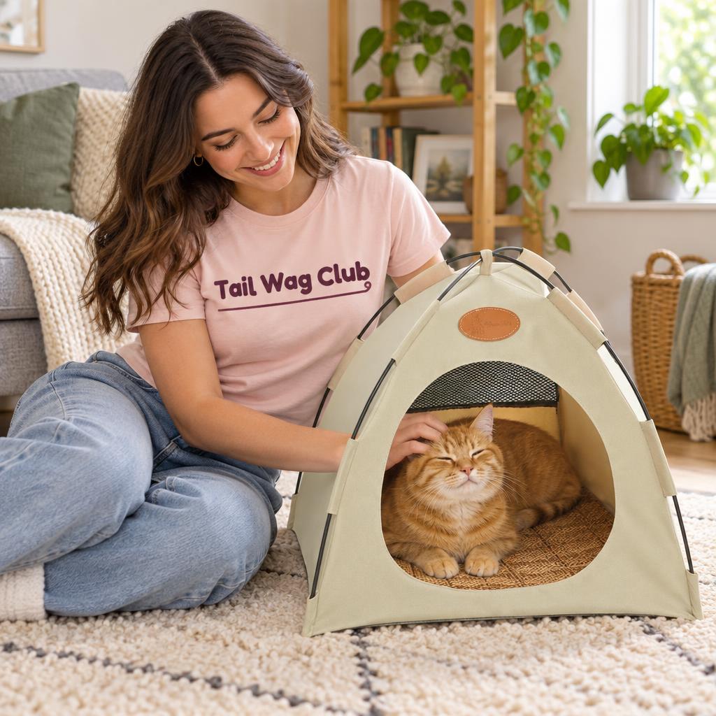 Foldable Cat Canvas Tent, Beige (Large) – with Tail Wag Club