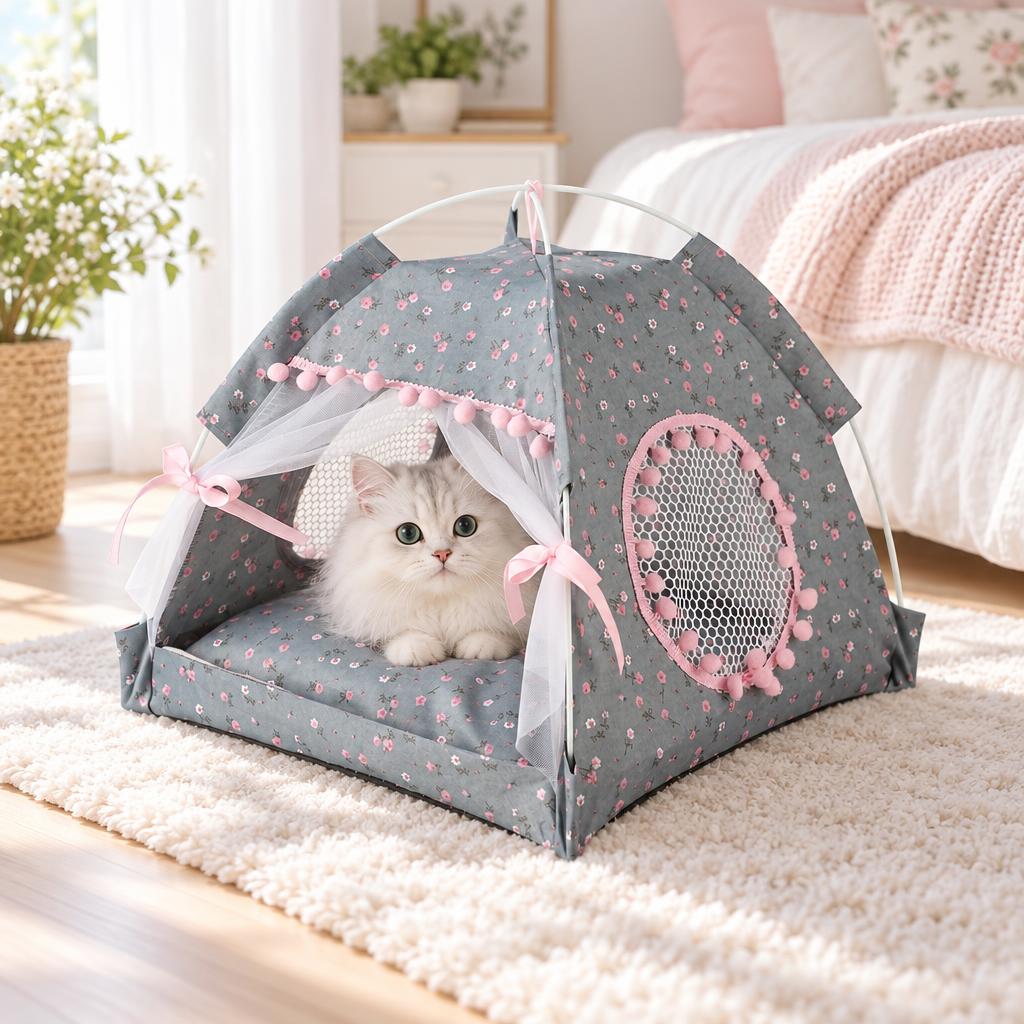 Foldable Semi-Enclosed Cat Nest, Floral (Large) – in use