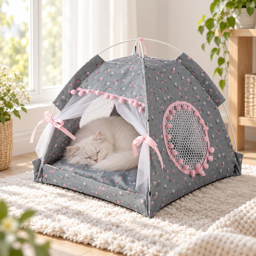Foldable Semi-Enclosed Cat Nest, Floral (Large) – in use