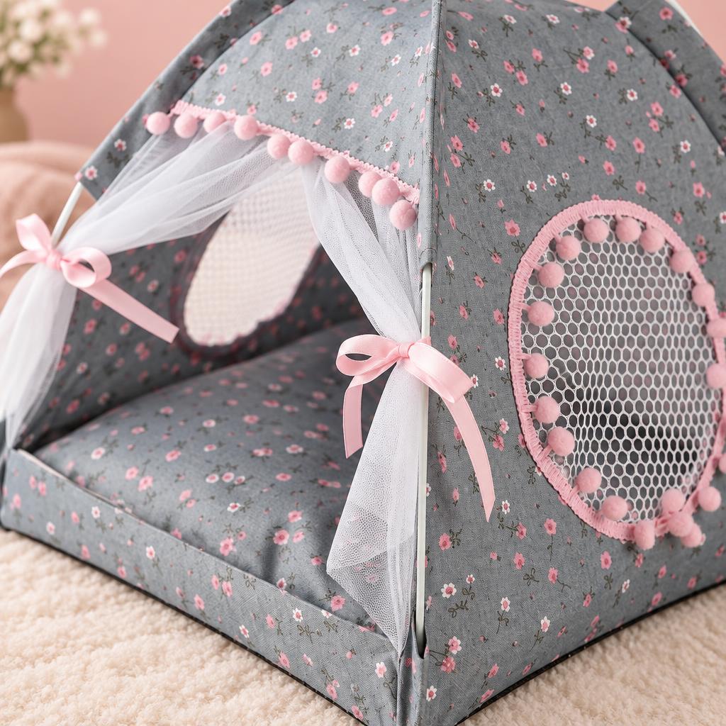 Foldable Semi-Enclosed Cat Nest, Floral (Large) – detail