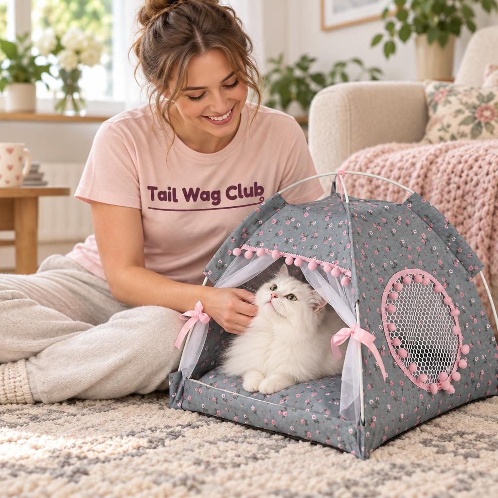 Foldable Semi-Enclosed Cat Nest, Floral (Large) – with Tail Wag Club
