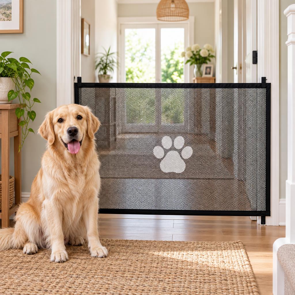 Foldable Mesh Pet Barrier Gate, 180 × 78cm – in use