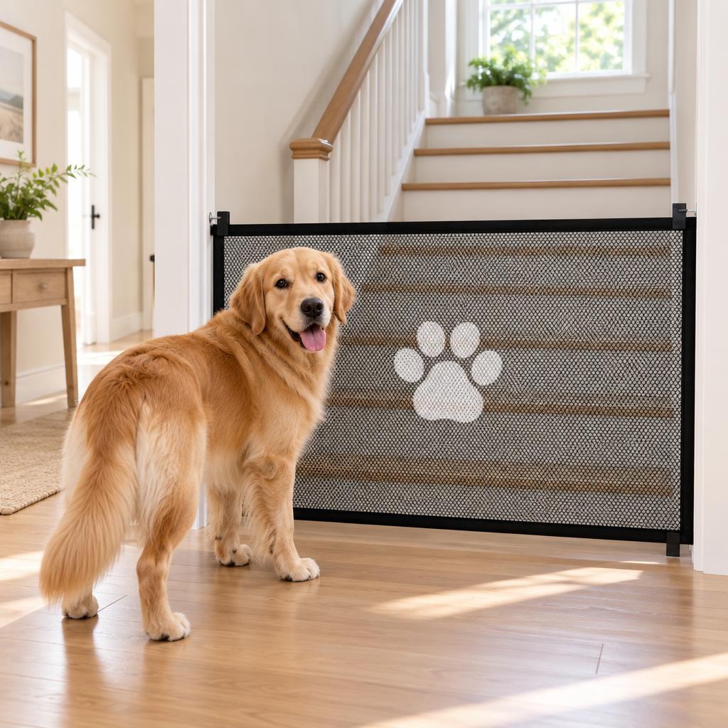 Foldable Mesh Pet Barrier Gate, 180 × 78cm – in use
