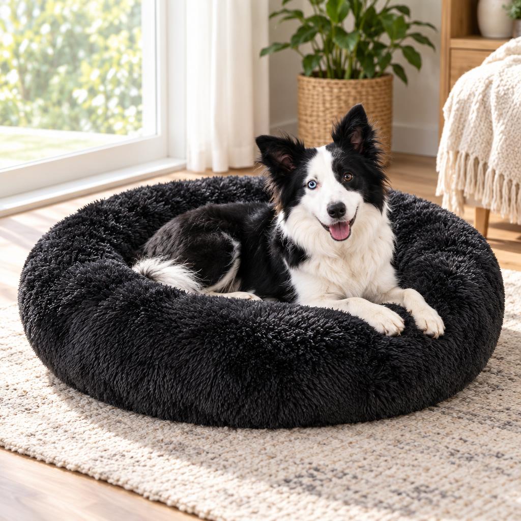 Fluffy Donut Dog Bed, Black (XL) – in use