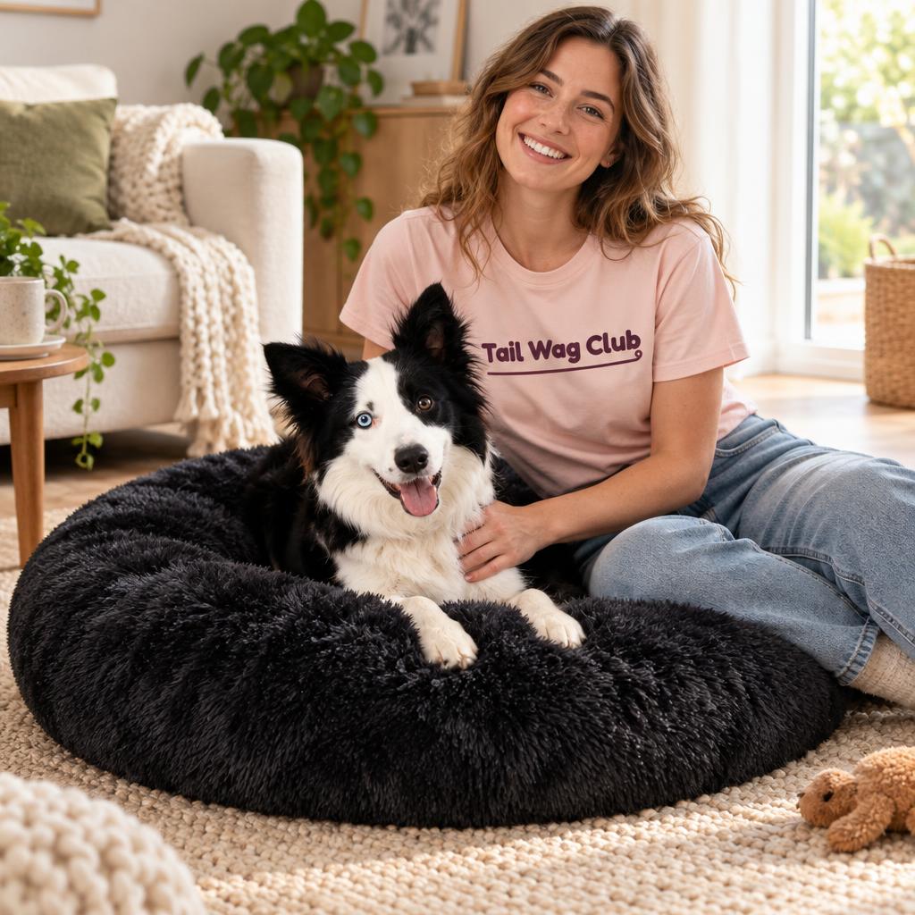 Fluffy Donut Dog Bed, Black (XL) – with Tail Wag Club