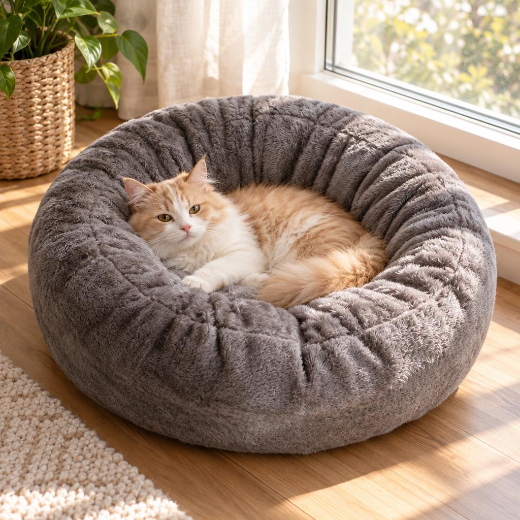 Plush Donut Pet Bed, Grey (L) – in use