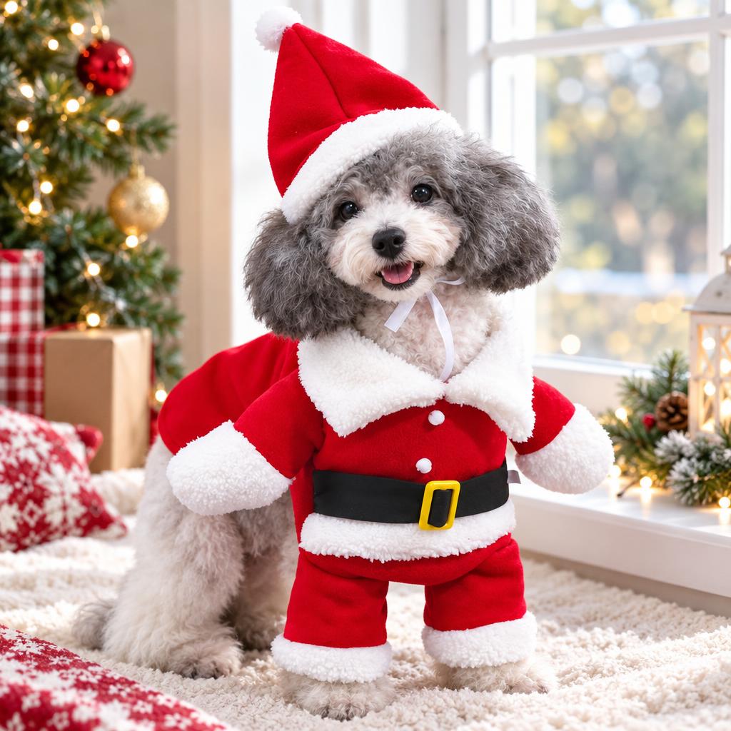 Santa Standing Pet Costume, Red (L) – in use