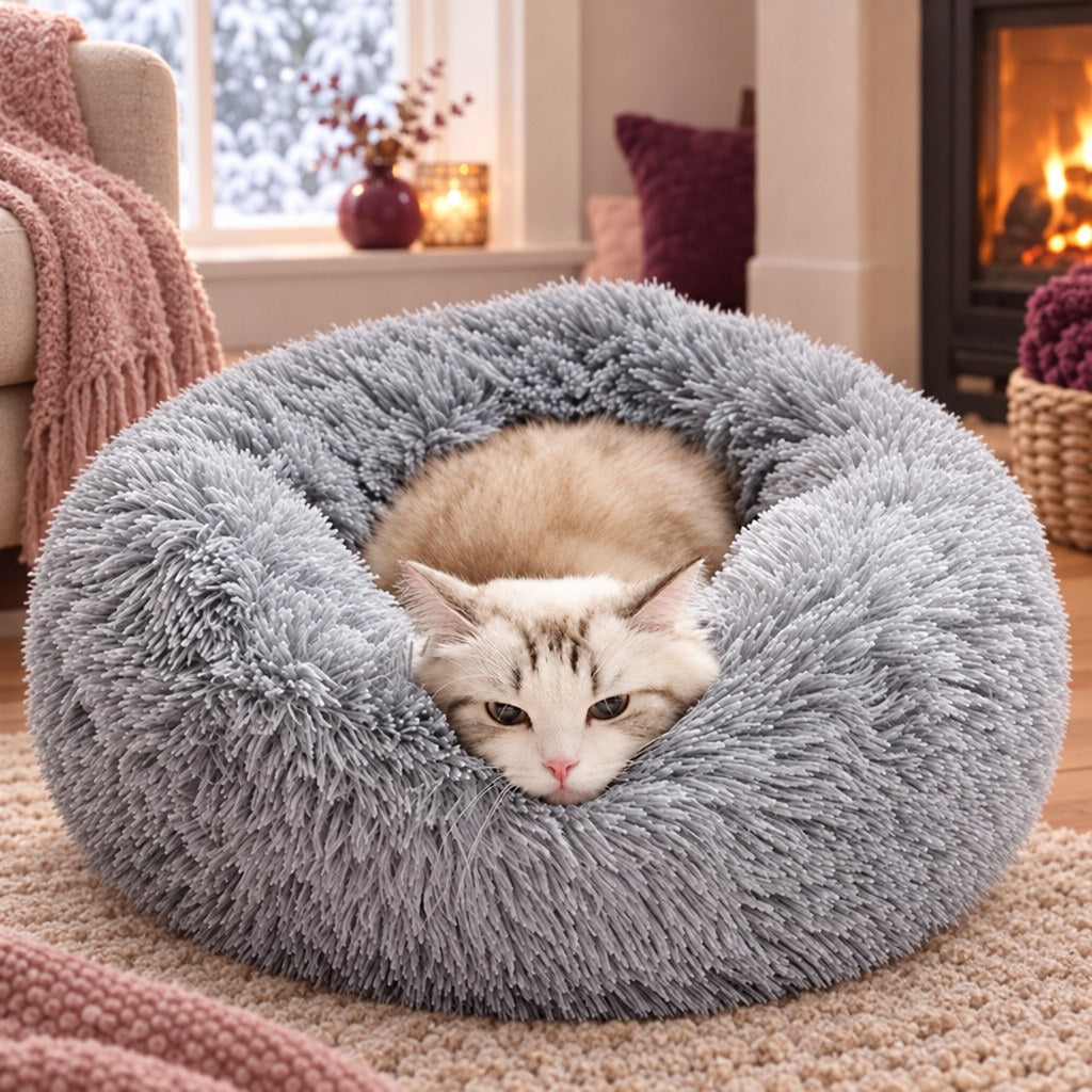 A cat using the grey faux fur donut bed at home