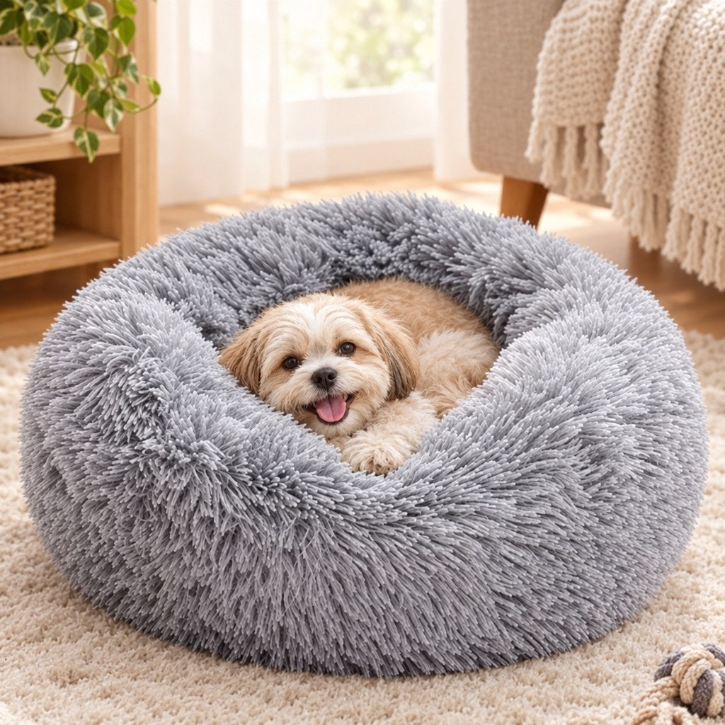 A small dog with the grey faux fur donut bed