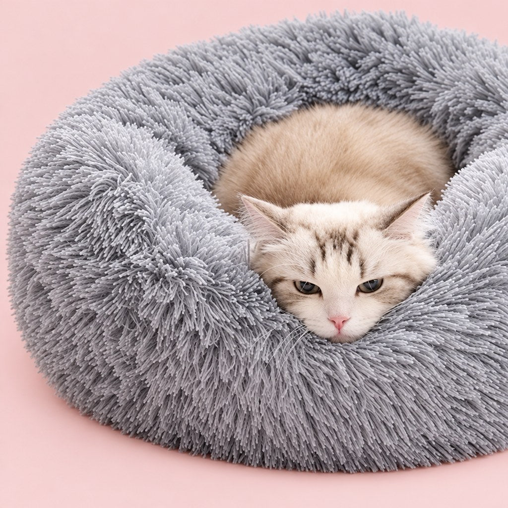 Close-up of the grey faux fur donut bed showing texture and details