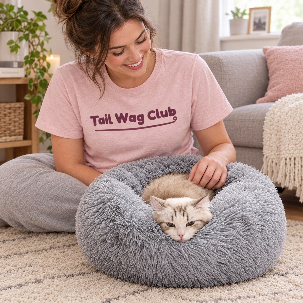 [lifestyle] Owner in a Tail Wag Club t-shirt with their pet and the grey faux fur donut bed