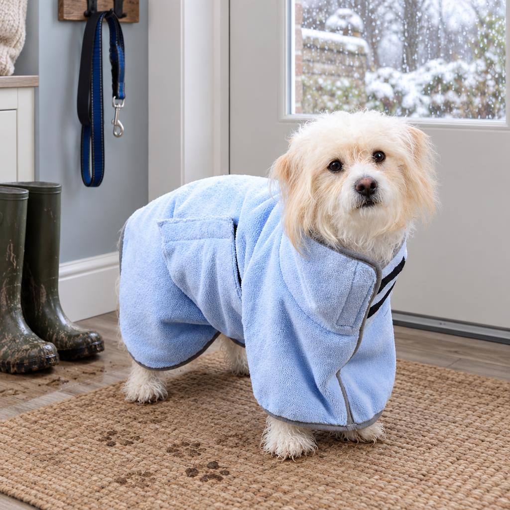A fluffy white dog wearing the quick-drying blue towel robe for dogs by the back door after a wet walk