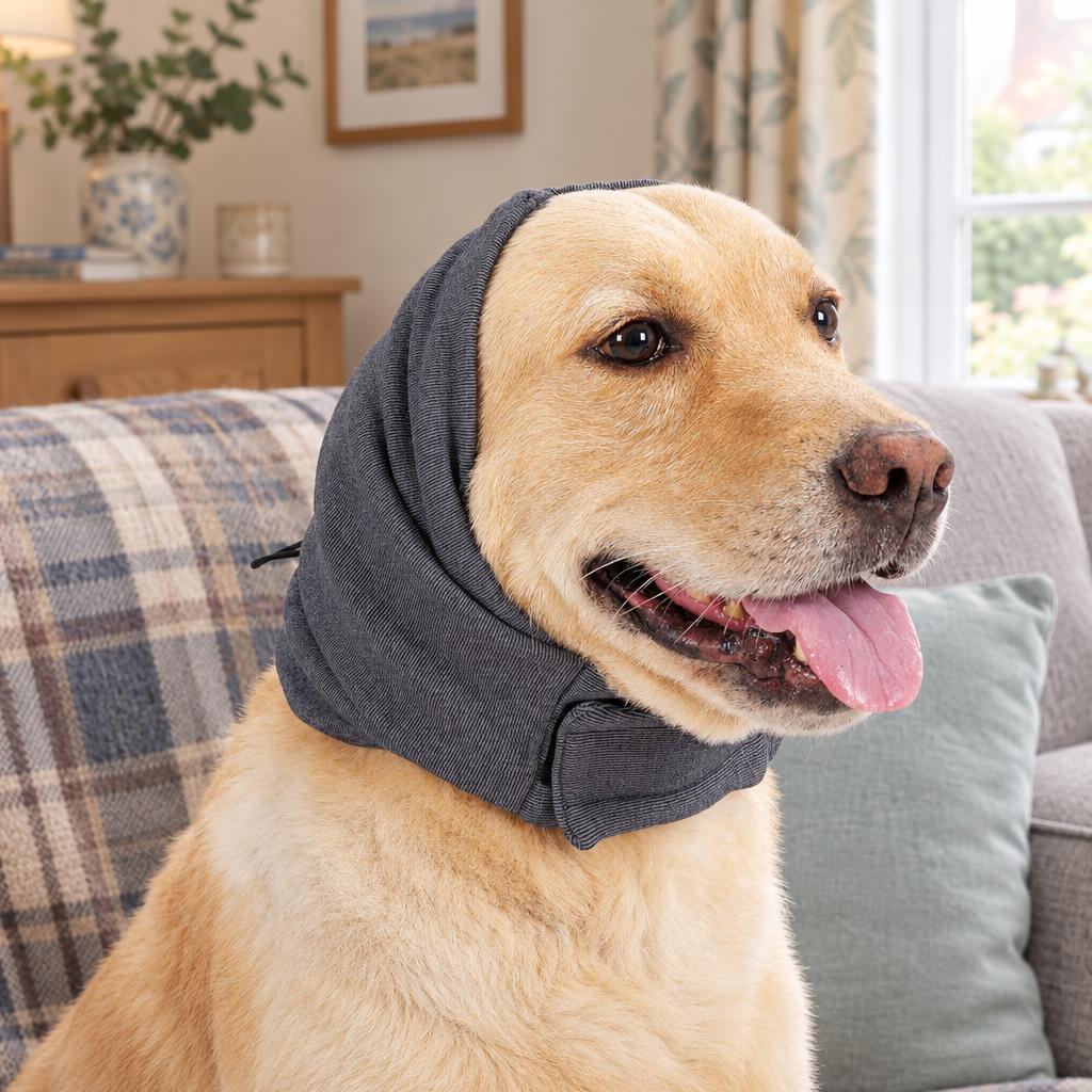 A yellow Labrador wearing the grey fleece dog ear snood on a sofa