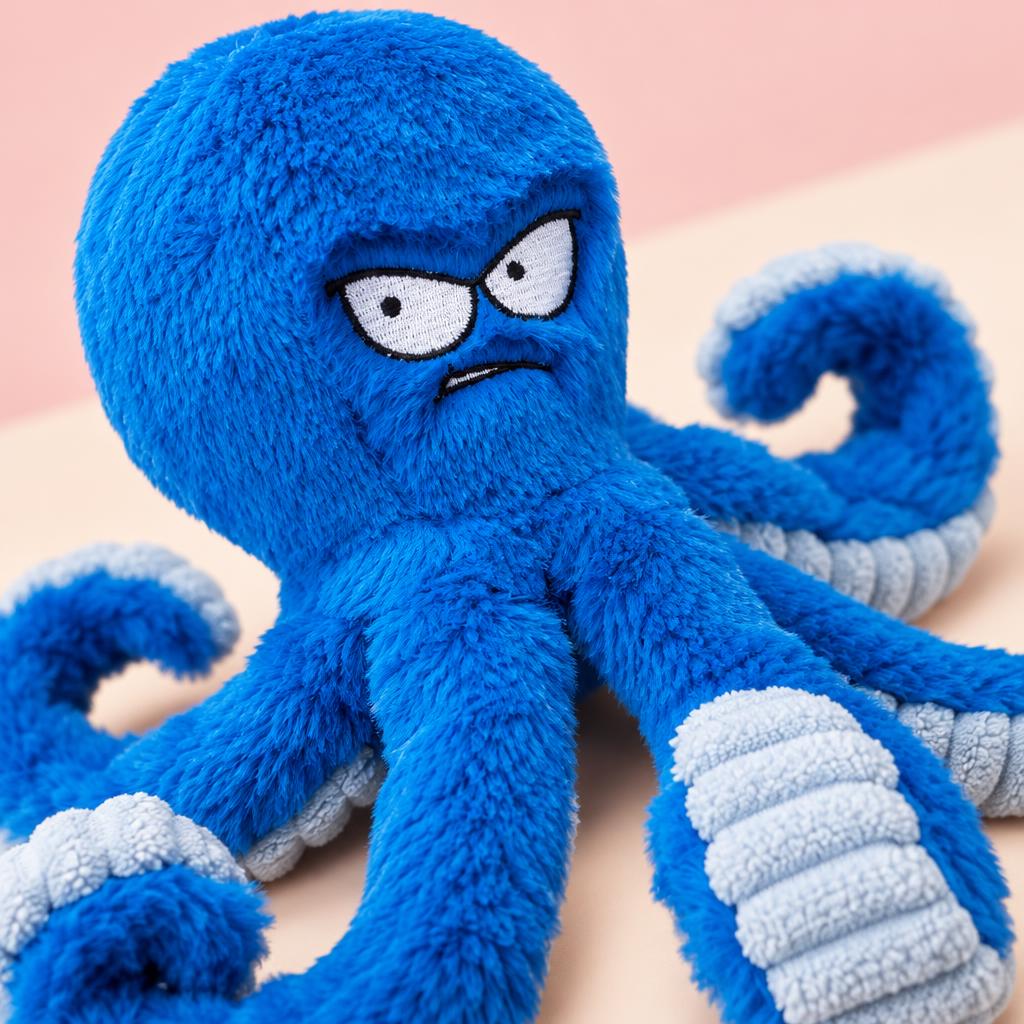 Close-up of the blue plush octopus dog toy on a soft pink background