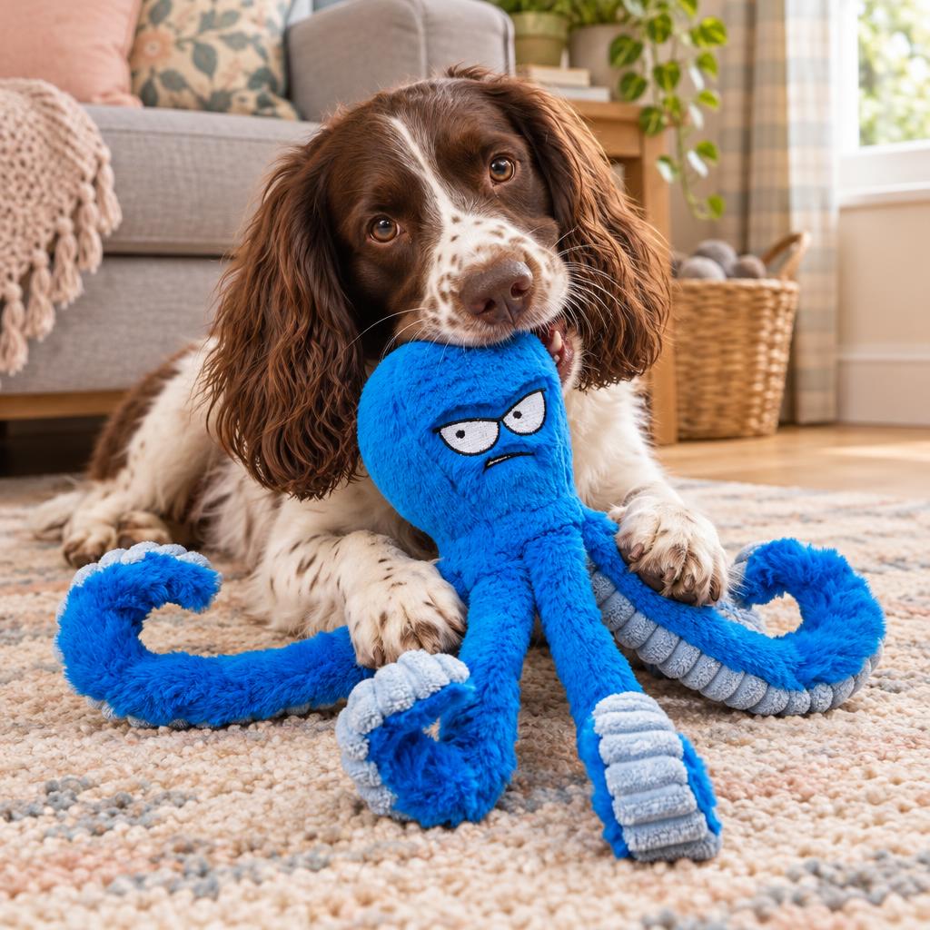 A springer spaniel chewing the blue plush octopus dog toy on a rug