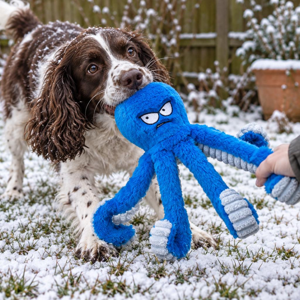 A springer spaniel playing tug with the blue plush octopus dog toy in a snowy garden
