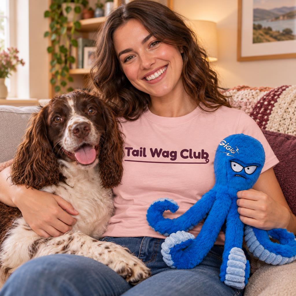 [lifestyle] Smiling owner in a pink "Tail Wag Club" t-shirt with a springer spaniel and the blue plush octopus dog toy