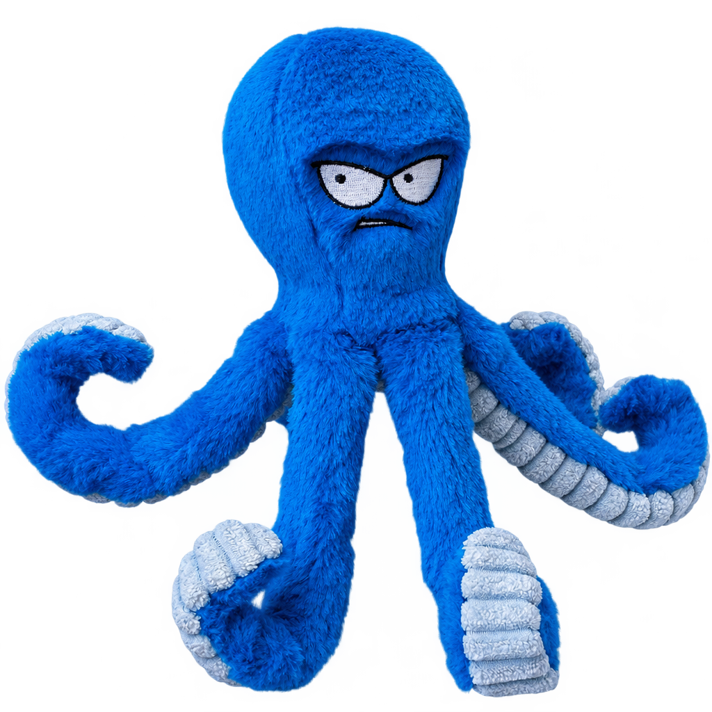[packshot] Blue plush octopus dog toy on a transparent background, three-quarter view
