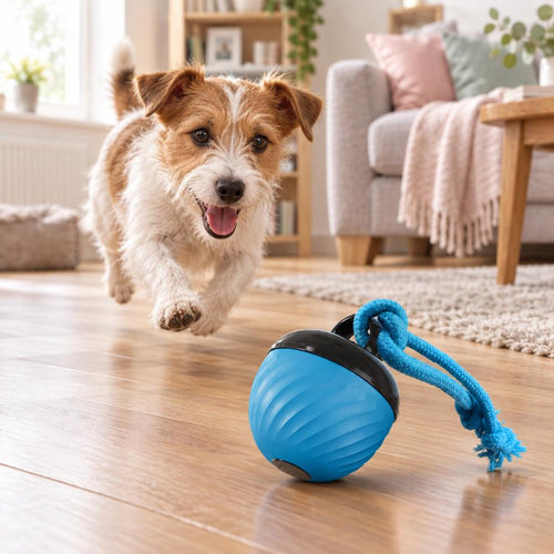 A Jack Russell terrier running towards the blue rolling ball dog toy with a rope loop on a wooden floor