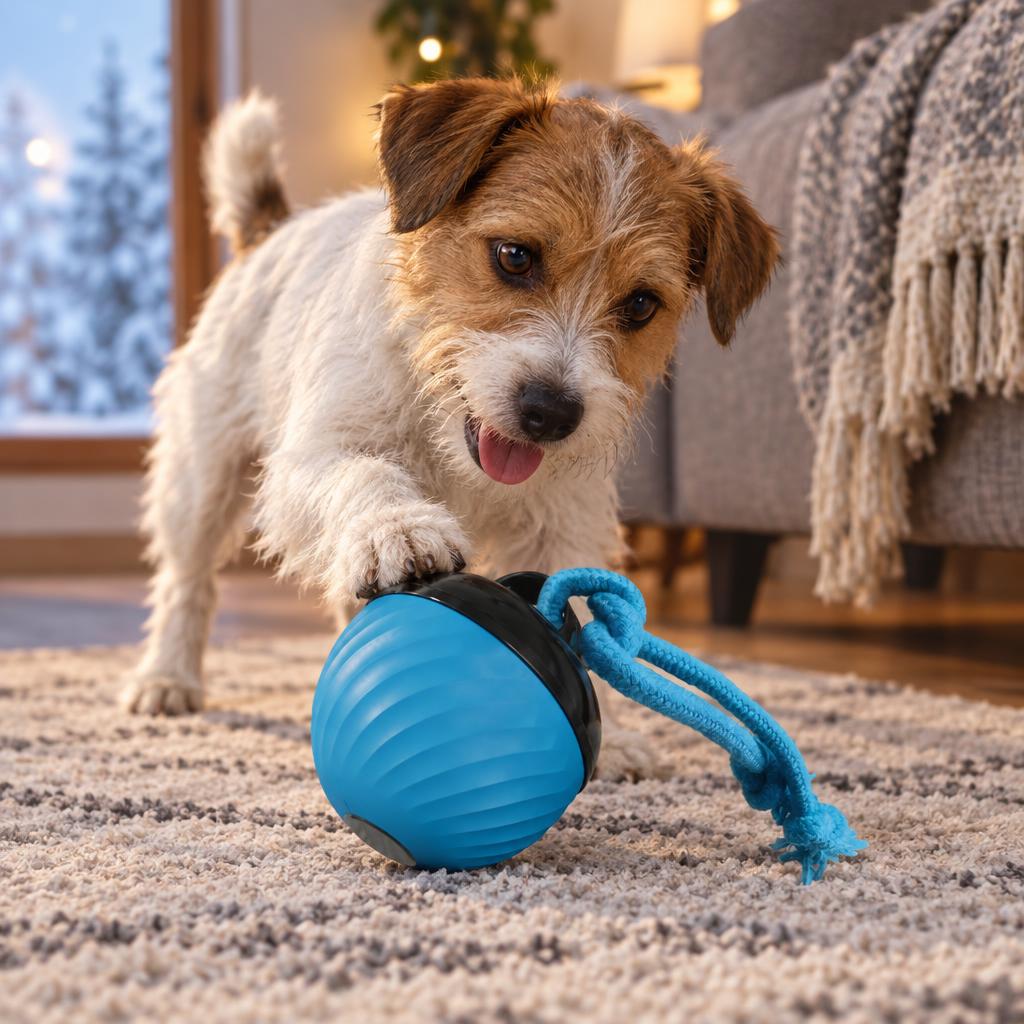 A Jack Russell terrier pawing at the blue rolling ball dog toy with a rope loop on a rug
