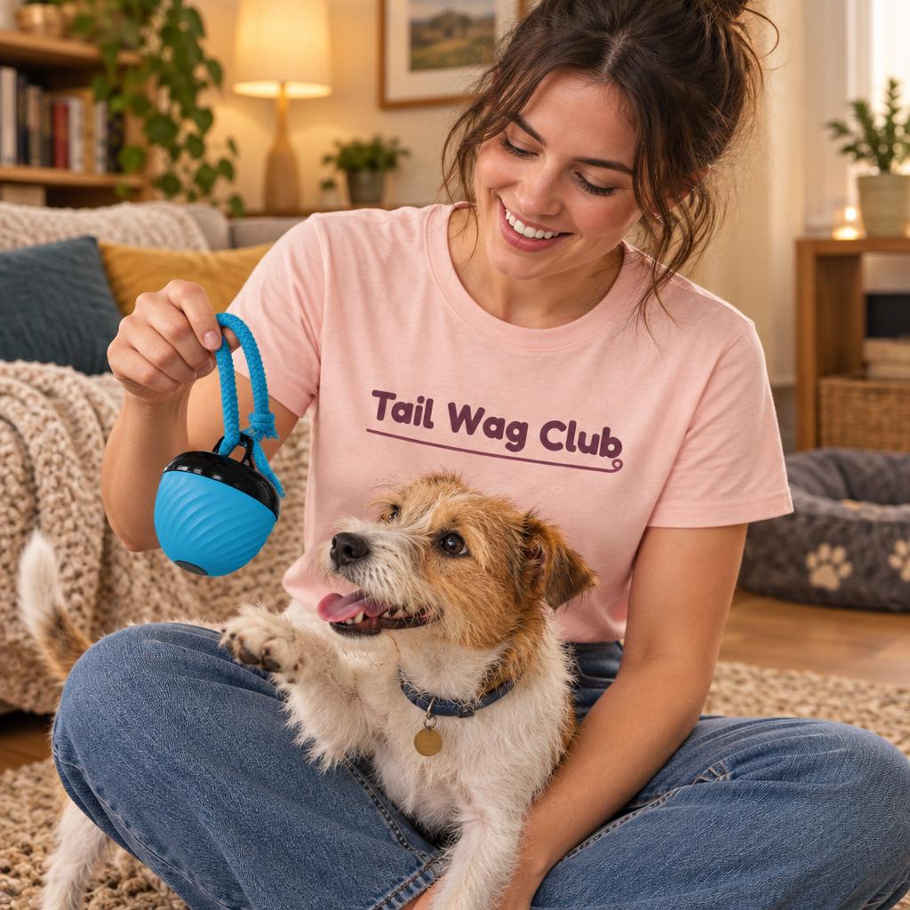 [lifestyle] Smiling owner in a pink "Tail Wag Club" t-shirt with a Jack Russell terrier and the blue rolling ball dog toy with a rope loop