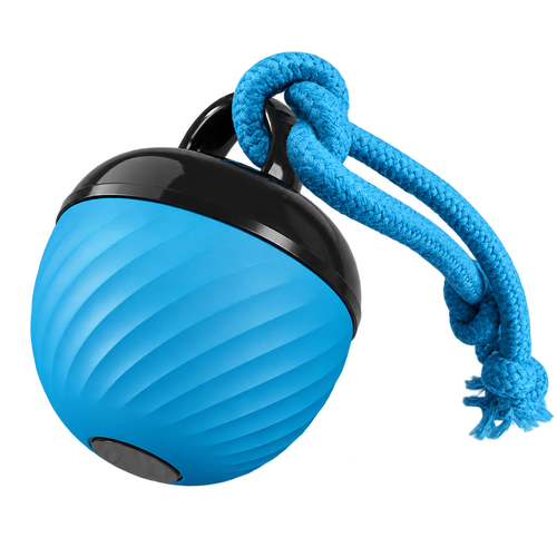 [packshot] Blue rolling ball dog toy with a rope loop on a transparent background, three-quarter view