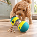 A cockapoo pushing the teal and yellow treat dispensing tumbler toy across the floor so treats fall out