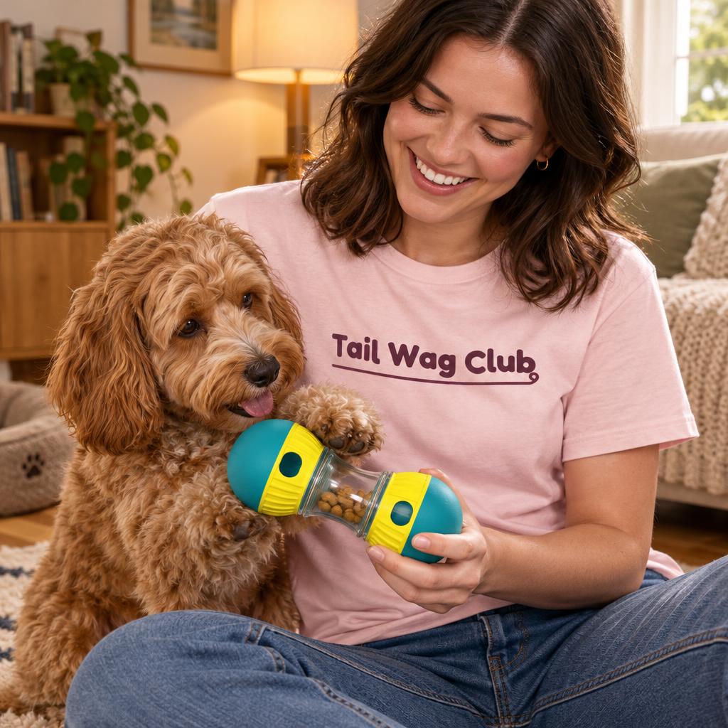 [lifestyle] Smiling owner in a pink "Tail Wag Club" t-shirt with a cockapoo and the teal and yellow treat dispensing tumbler toy
