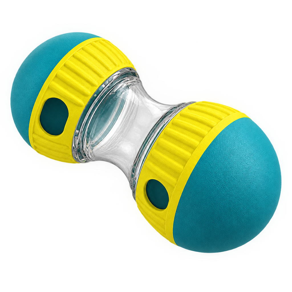 [packshot] Teal and yellow treat dispensing tumbler toy on a transparent background, three-quarter view