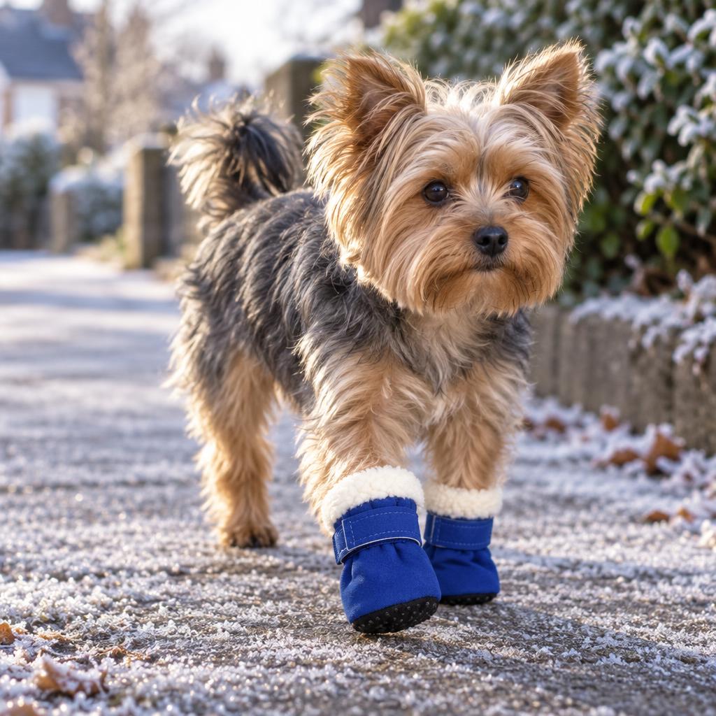 A Yorkshire terrier wearing the blue fleece-lined anti-slip dog boots on a frosty pavement
