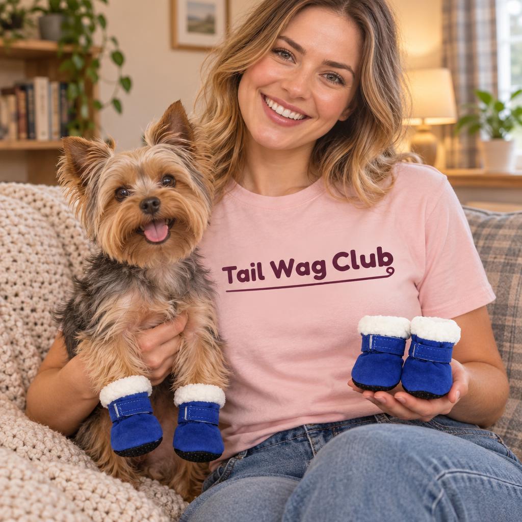 [lifestyle] Smiling owner in a pink "Tail Wag Club" t-shirt with a Yorkshire terrier and the blue fleece-lined anti-slip dog boots