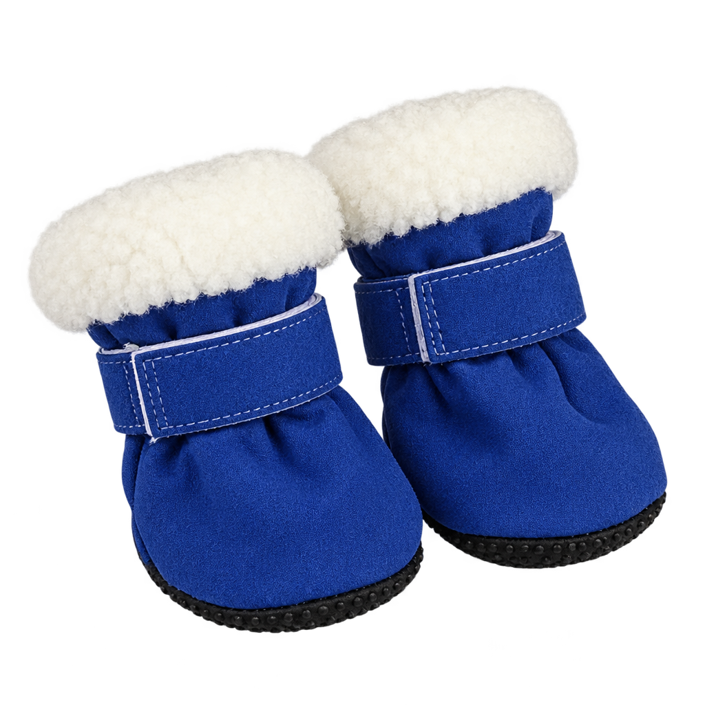 [packshot] Blue fleece-lined anti-slip dog boots on a transparent background, three-quarter view