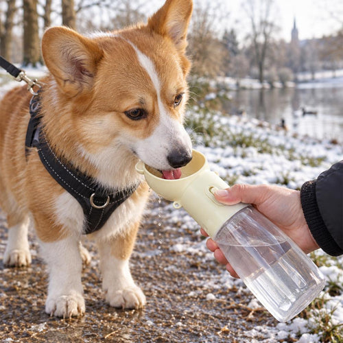 A corgi drinking from the cream 2-in-1 pet travel water bottle with food cup on a snowy walk