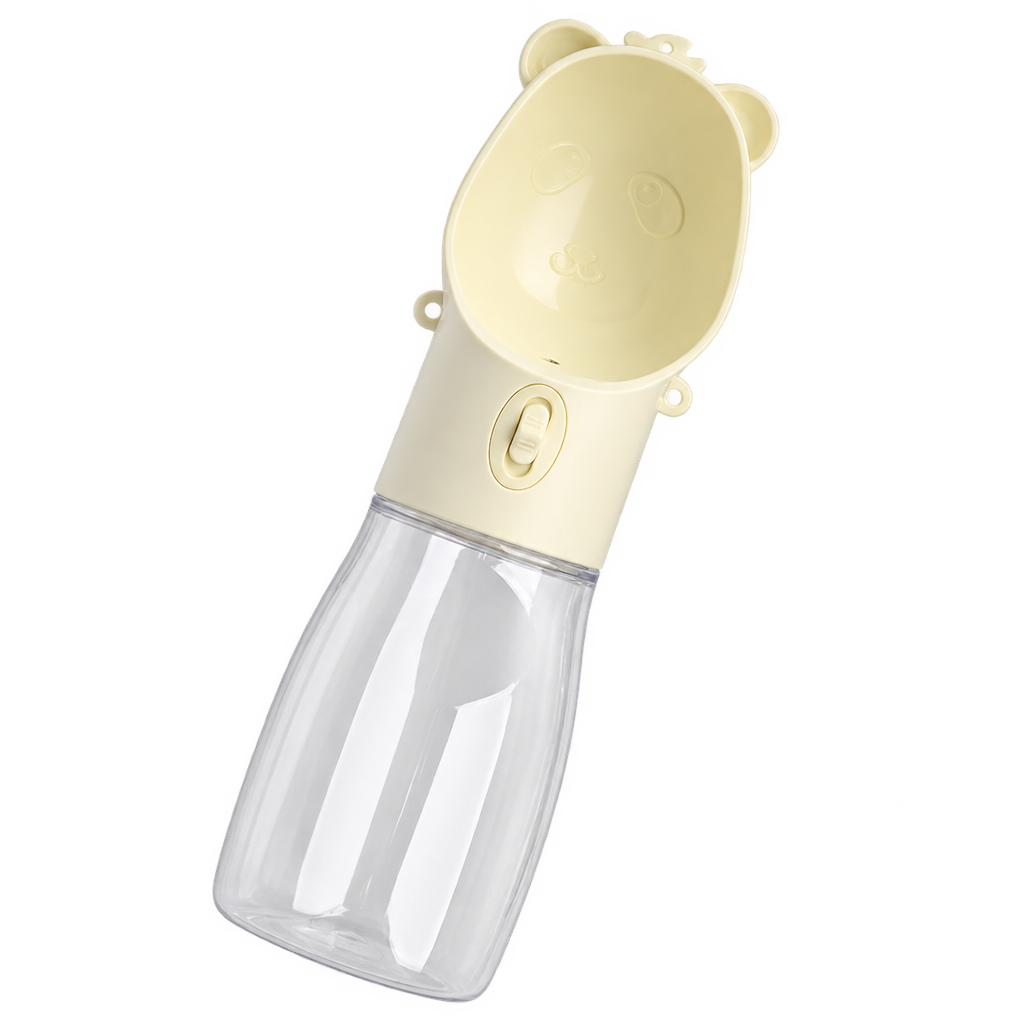 [packshot] Cream 2-in-1 pet travel water bottle with food cup on a transparent background, three-quarter view